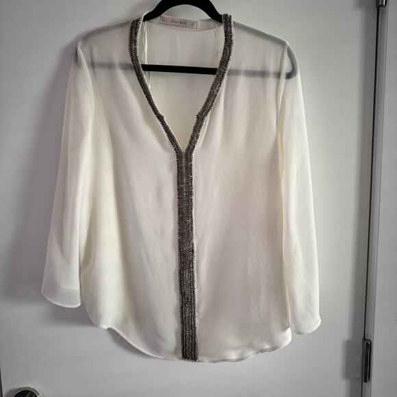 New Zara Tunic Top White Round Split Neck Beaded Polyester Long Sleeve Sz L - Picture 1 of 5